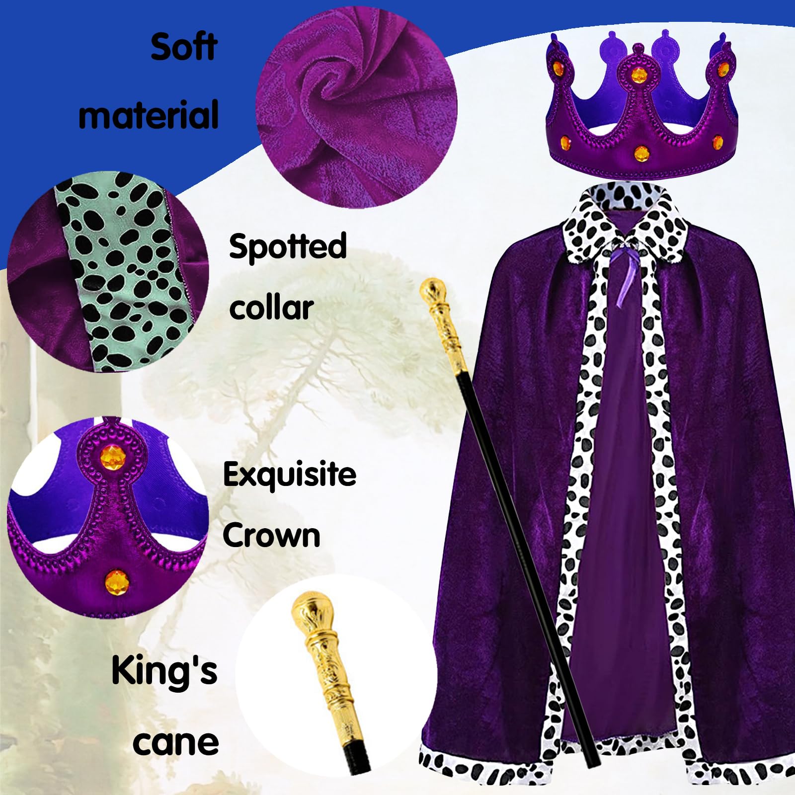 YOUYIKE 3 Pezzi Costume Da Re Per Adulti, Mantello Reale Costume, Mantello Del Re con Corona e scettro, per Carnevale Halloween Natale Festa Festa a 130cm