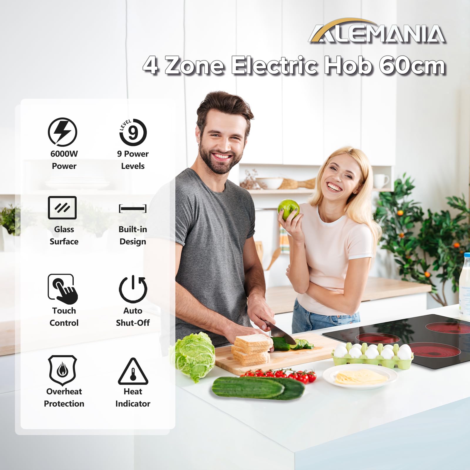 Alemania Płyta Ceramiczna 4 Strefy 60 cm, Sterowanie Dotykowe, Wbudowana Płyta Grzejna na Podczerwień 6000W 230V