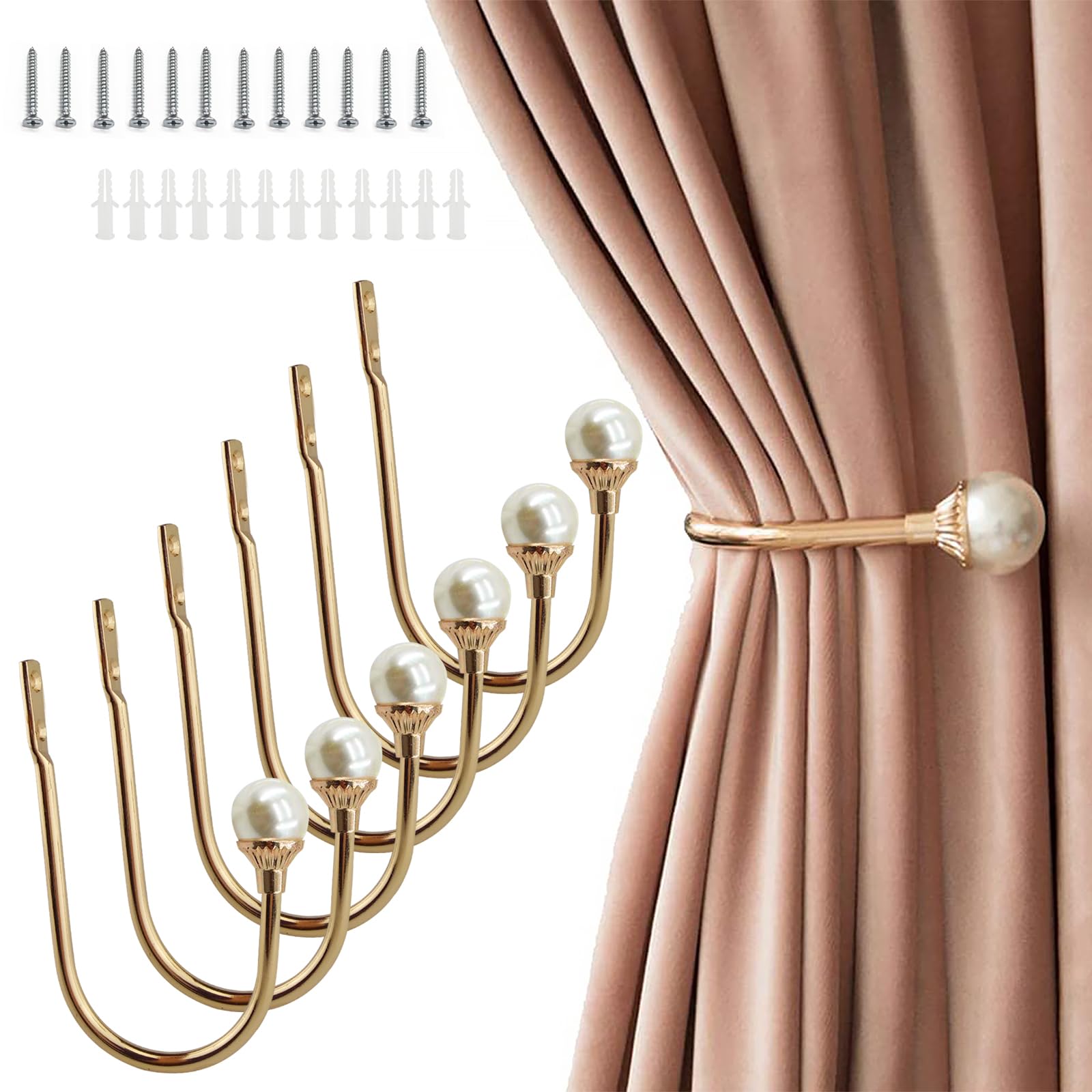 Lot de 6 embrasses de Rideaux murales en Plastique avec Perles en Forme de U avec vis pour la Maison et Le Bureau - Doré
