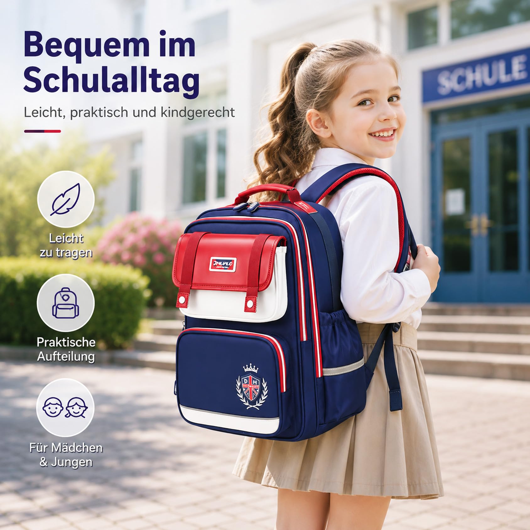 Drawelry Ergonomischer Schulrucksack für Grundschulkinder | 4 Fächer | 3D-Rückenpolster | Brustgurt | Reflektoren | Wasserabweisendes Oxford-Gewebe