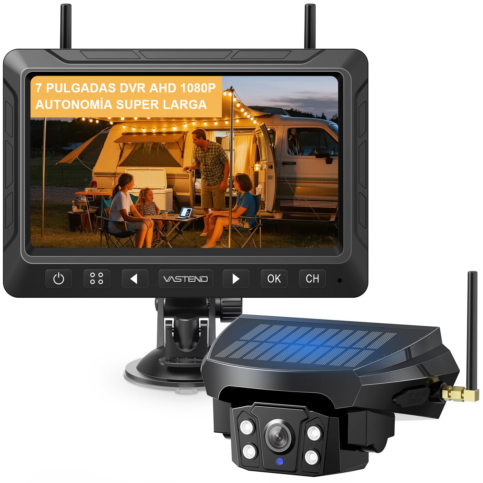 Telecamera di Retromarcia Senza Fili Solare con Batteria 10000mAh, Telecamera di Retromarcia Senza Fili 7", Impermeabilità IP67, Visione Notturna Infrarossa, per Caravana, Camion, Auto, Camper (VS-7E)
