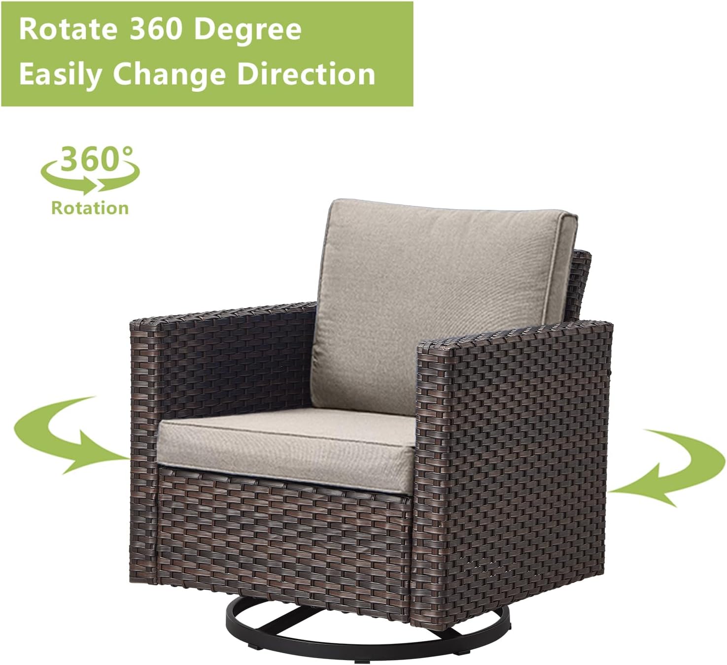 Outdoor Patio Swivel Rocker Chairs - Single Wicker Patio Swivel Rocking Chair with Waterproof Wicker,Comfortable Cushions and Sturdy Metal Frame for Outside Porch Deck Backyard(Brown/Grey/1PC)
