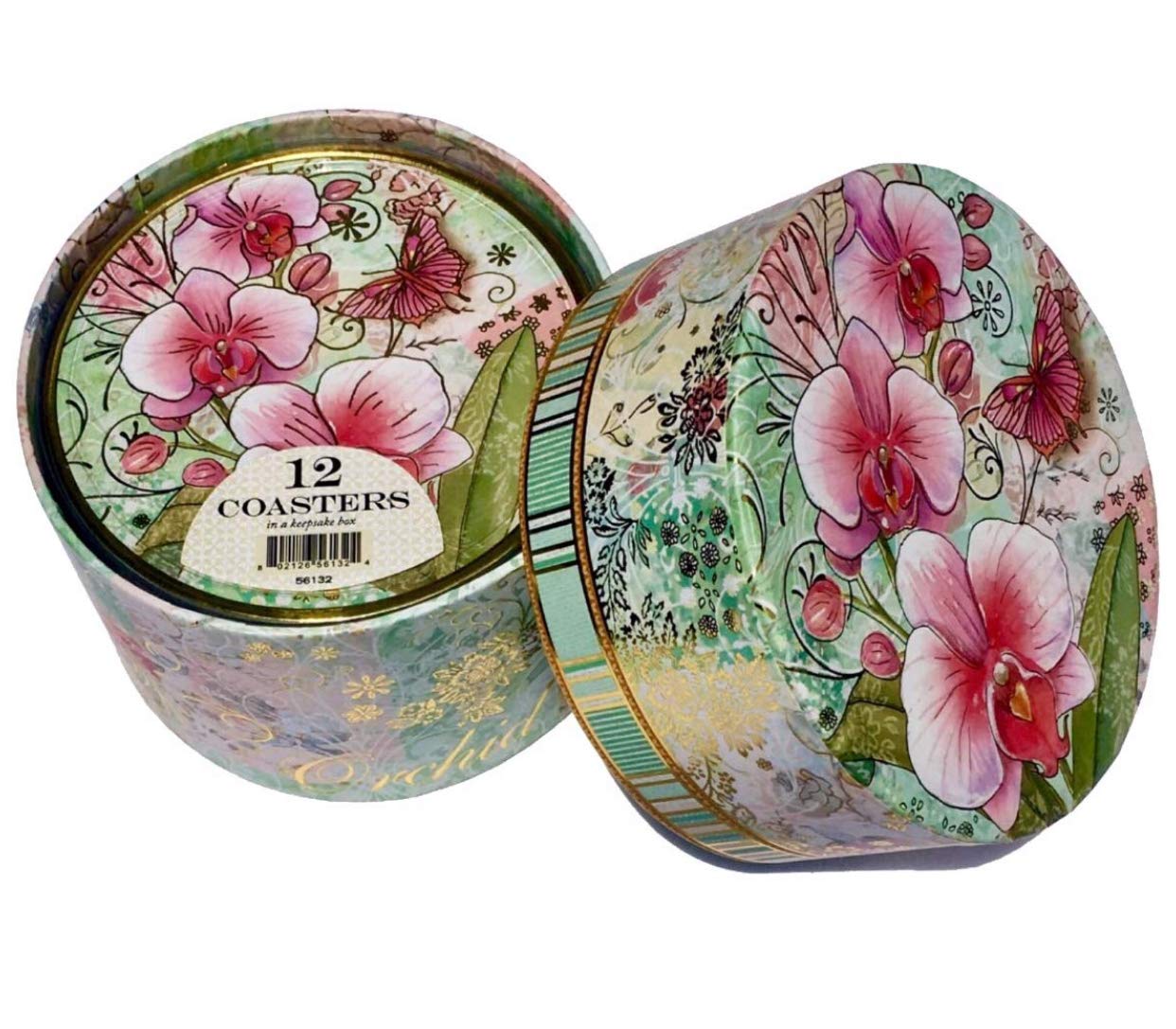 Punch Studio Pink Orchids Boxed Coaster Set in Keepsake Box 56133,12 ct