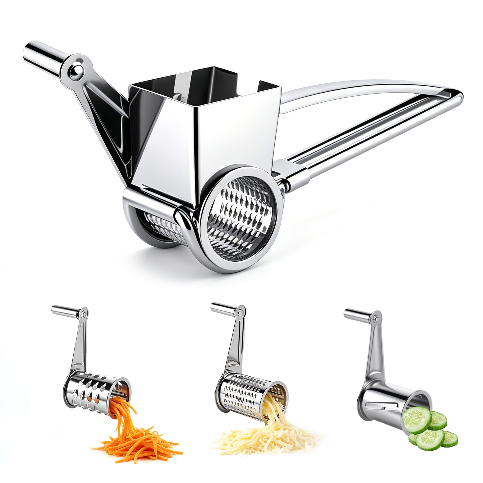 JIZZU Rotary Cheese Grater, 3-in-1 Handheld Kitchen Grater with 3 Drums