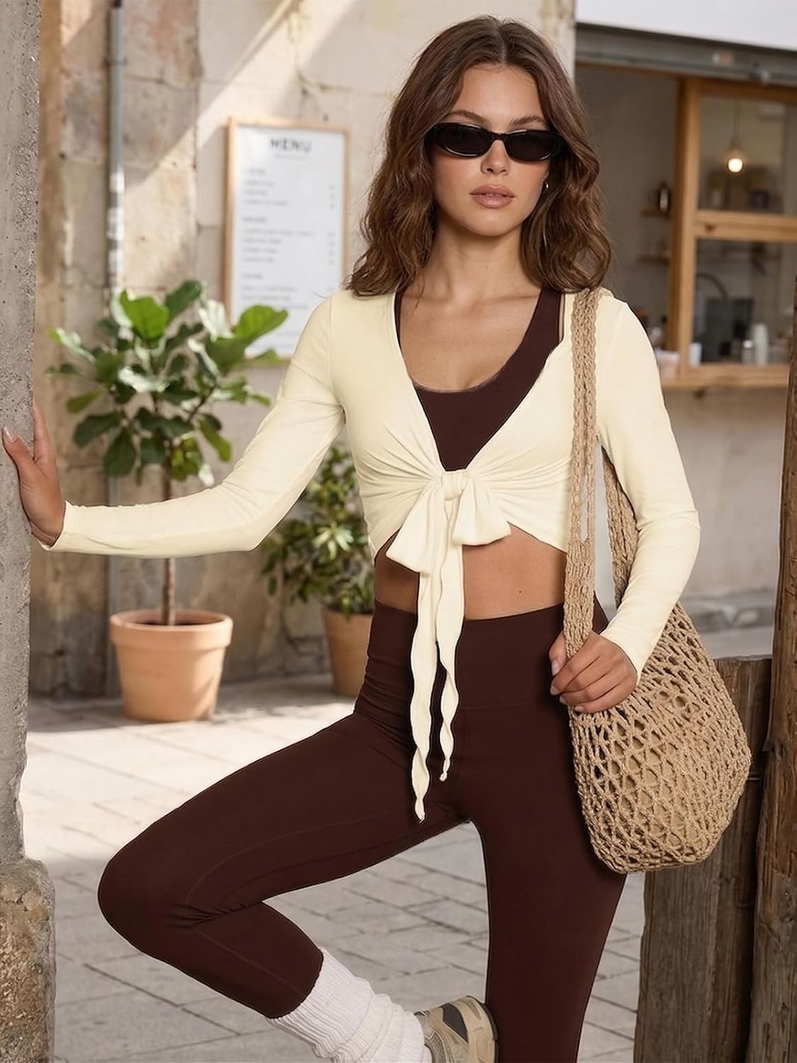 Womens Tie Front Wrap Tops Long Sleeve Bolero Shrugs Cropped Shirts Yoga Ballet Cover Up Top Pilates Workout Outfits