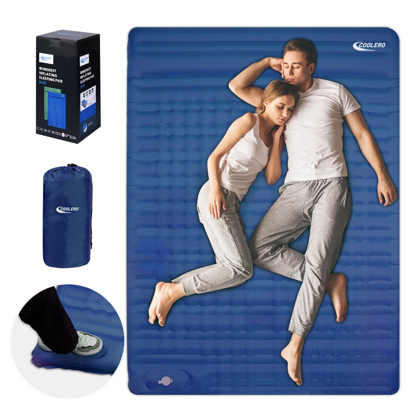 COOLERO Double Sleeping Pad for Camping, 5" Ultra-Thick Inflatable Mat with Built-in Foot Pump, 2-Person Ultralight Camping Mat with Pillow, Insulated Sleeping Mat for Backpacking, Hiking, Tent -Blue