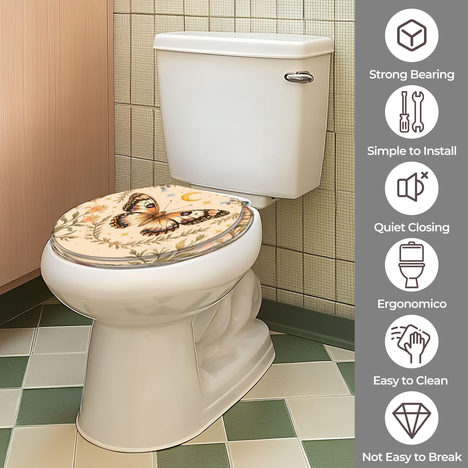 Asiento de inodoro redondo de resina con diseño de polilla gótica para decoración de baño.