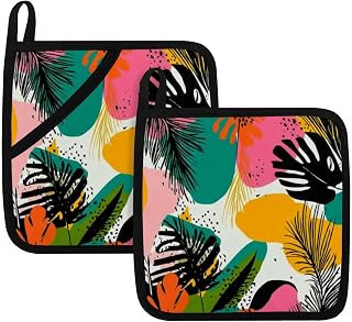 2 Pcs Modern Exotic Summer Pattern 2 3 Pot Holder with Pockets Kitchen Heat Resistant Potholder Cotton Lining Oven Hot Pads for Cooking Baking BBQ Microwave Holiday Decor