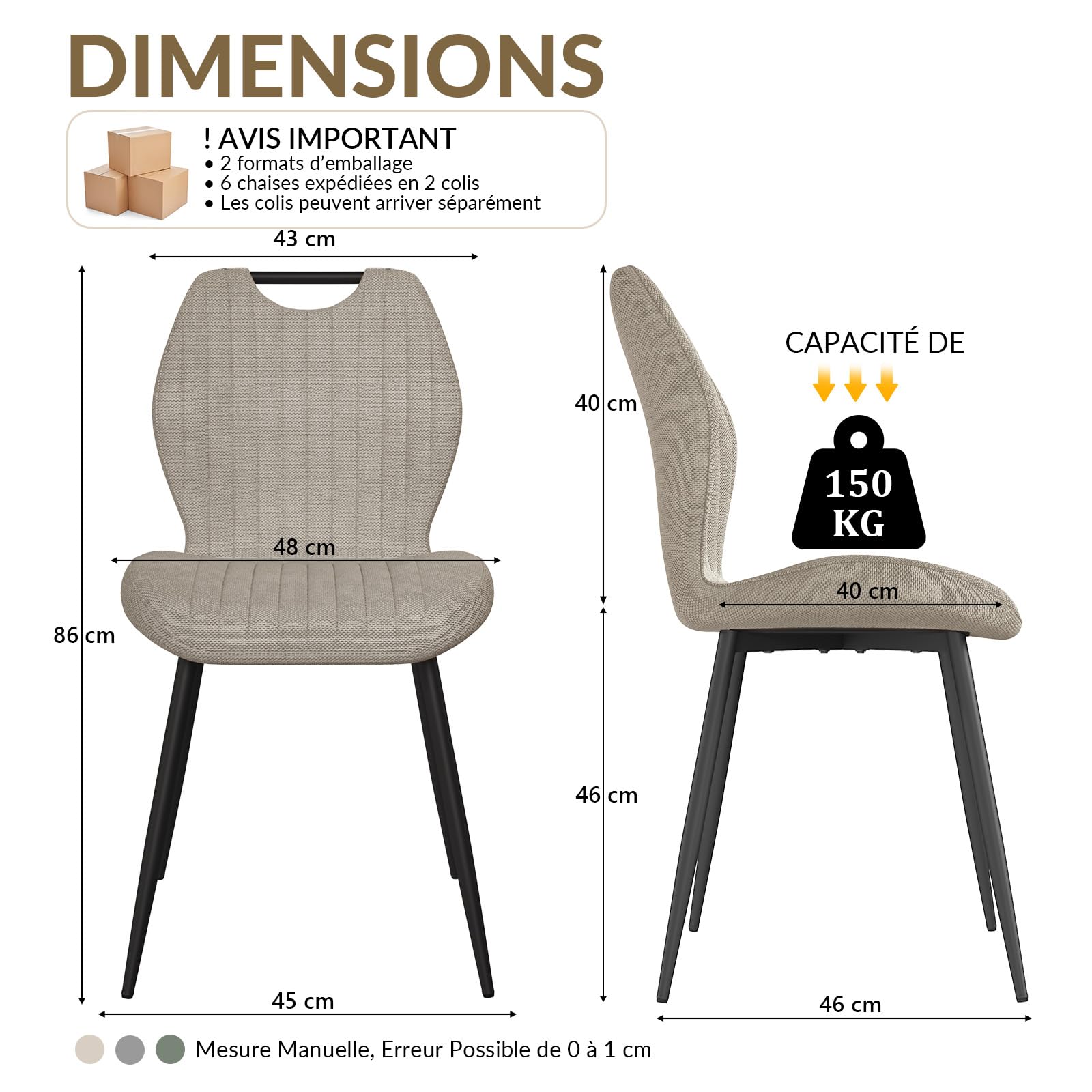 JIJIAN Lot de 6 Chaises de Salle à Manger, Chaise tapissée, Dossier en Tissu, Pieds en Métal, Gris Brun