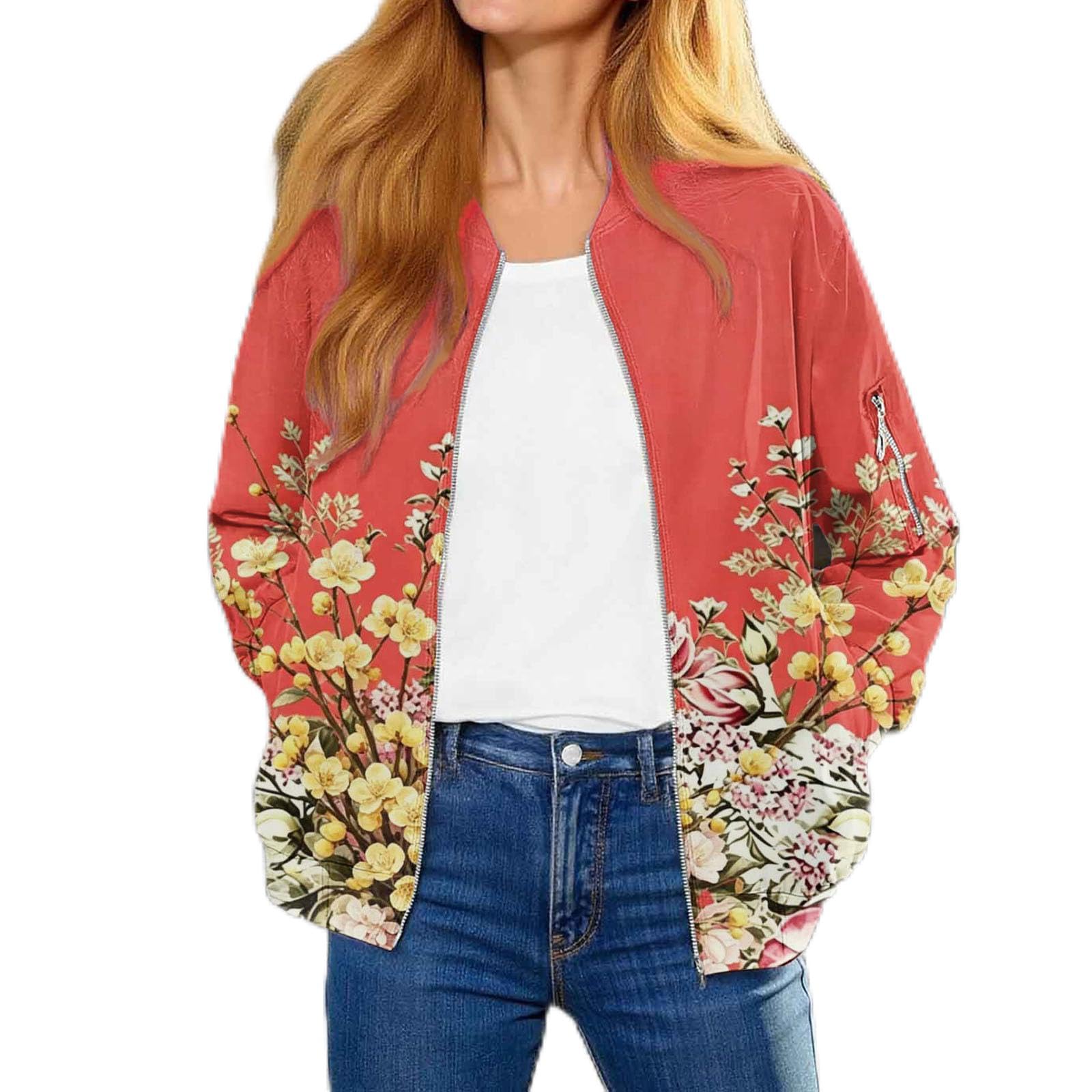 Generisch Giacca bomber da donna, casual, elegante, stampata, con colletto alto, chiusura lampo, tinta unita, per le mezze stagioni, per l'autunno, per attività all'aperto, casual, per tutti i giorni