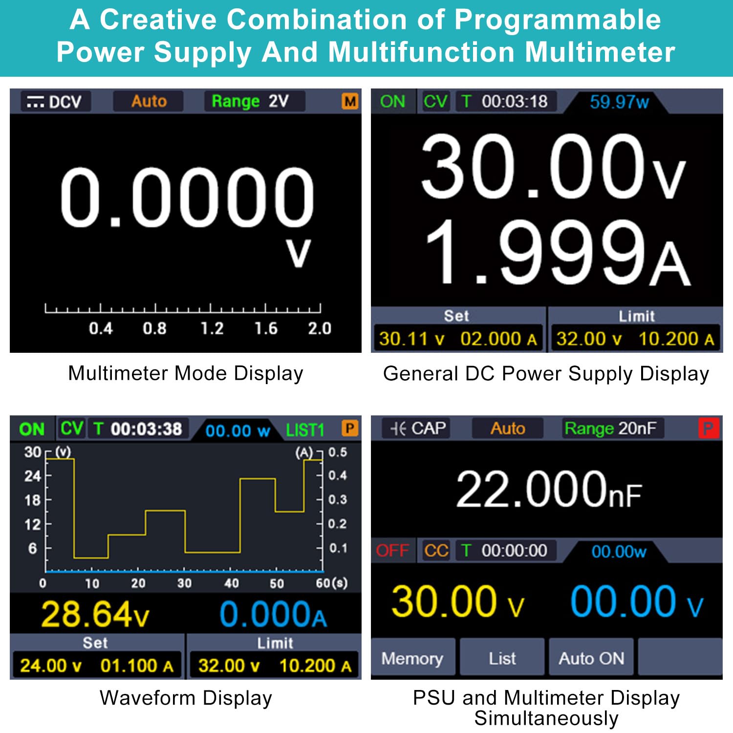 Kiprim 2 in 1 Alimentatore da Banco Programmabile e Multimetro (0-30 V, 0-10 A) Alimentatore da Laboratorio DC310Pro con Memoria Dati, alta Precisione, OCP, OVP, Software per PC e Ricarica USB