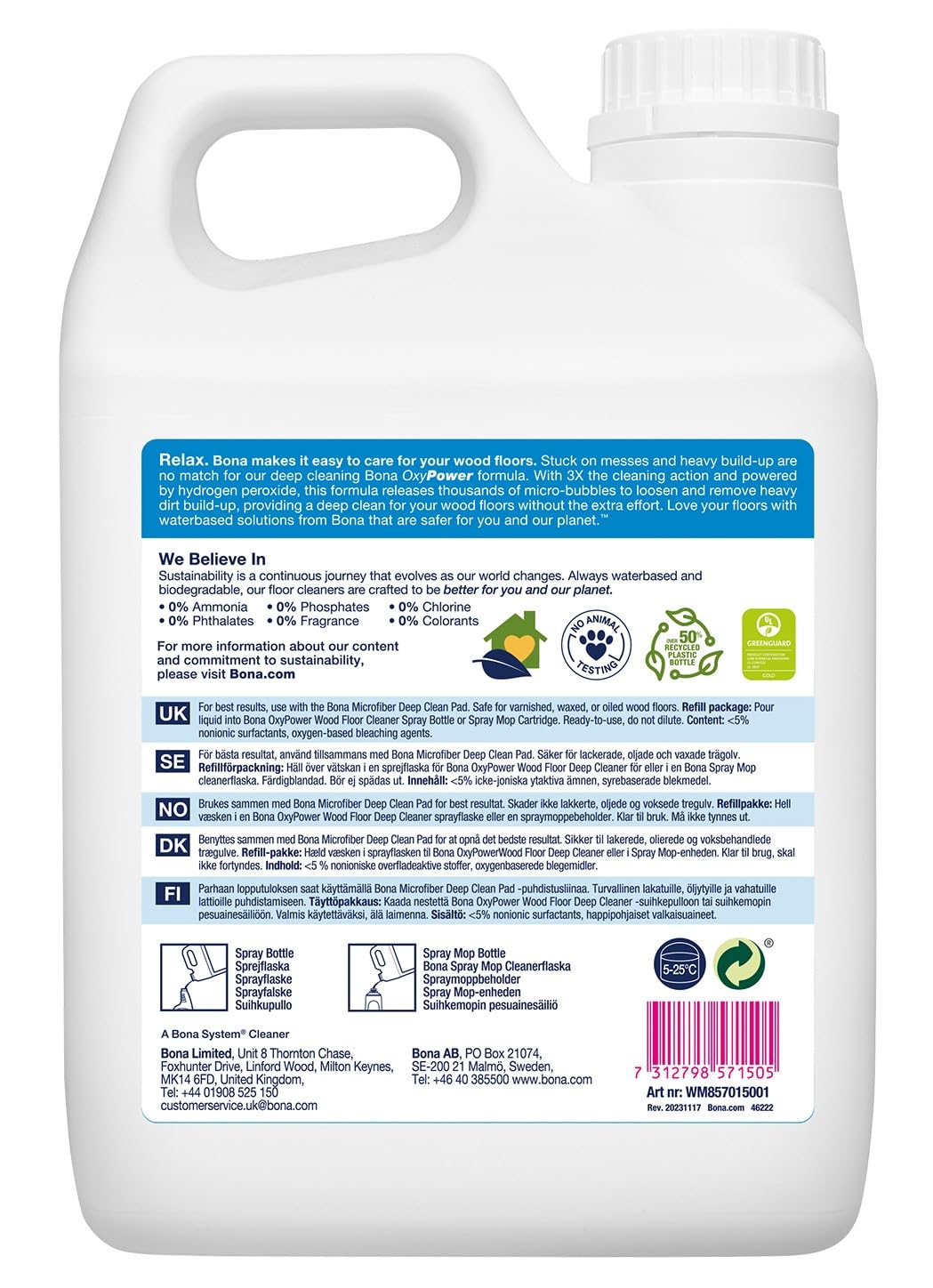 Bona - Ricarica per pulizia pavimenti in legno - 2,5 l - per uso con il kit di pulizia spray Bona