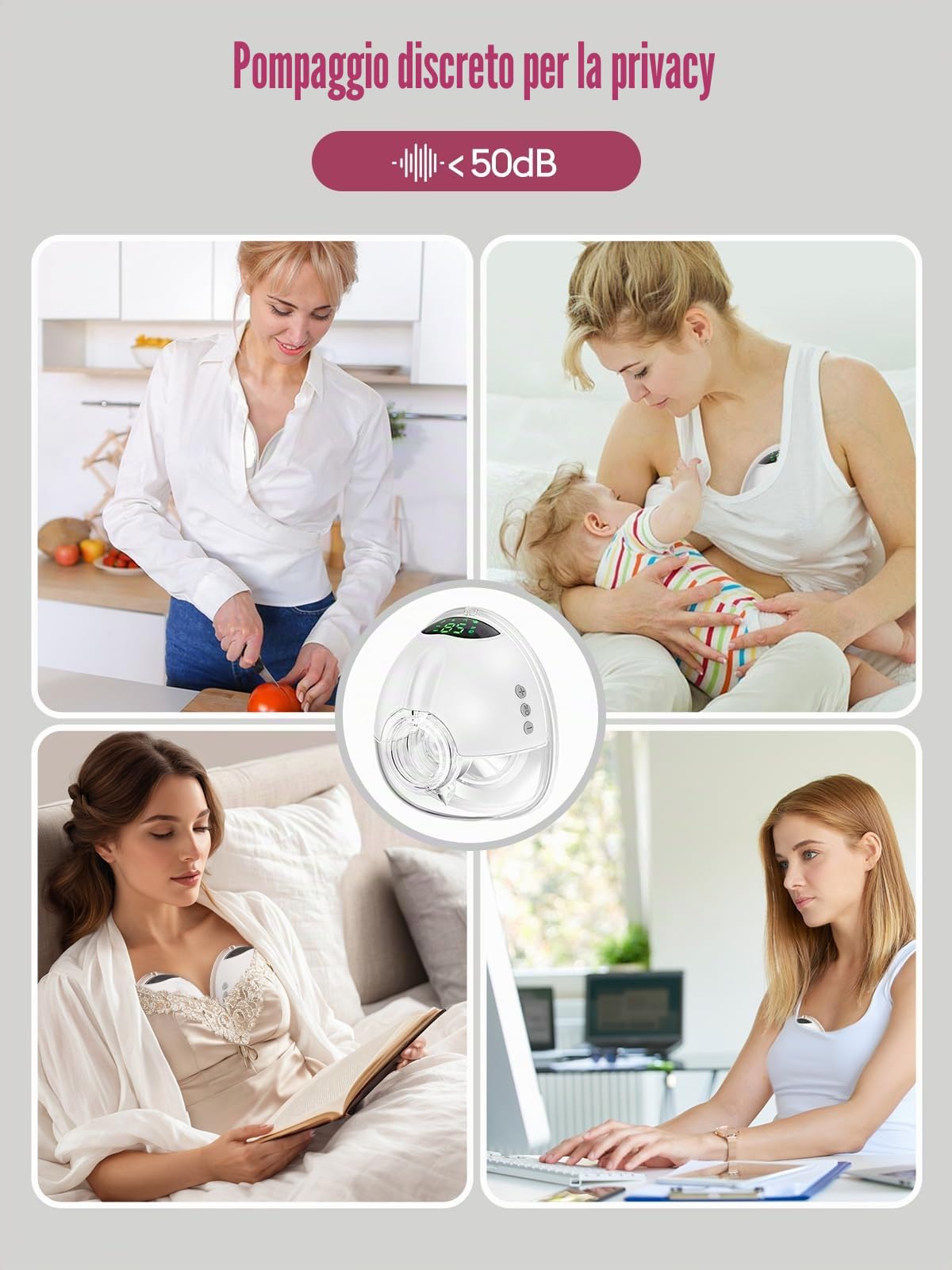 Lulia Tiralatte Elettrico Indossabile, 4 Modalità e 9 Livelli, 350 mmHg Forte Potenza, BPA-frei, Portatile Tiralatte con 4 Flange di Dimensioni 17/19/21/24mm (2 Pezzi)