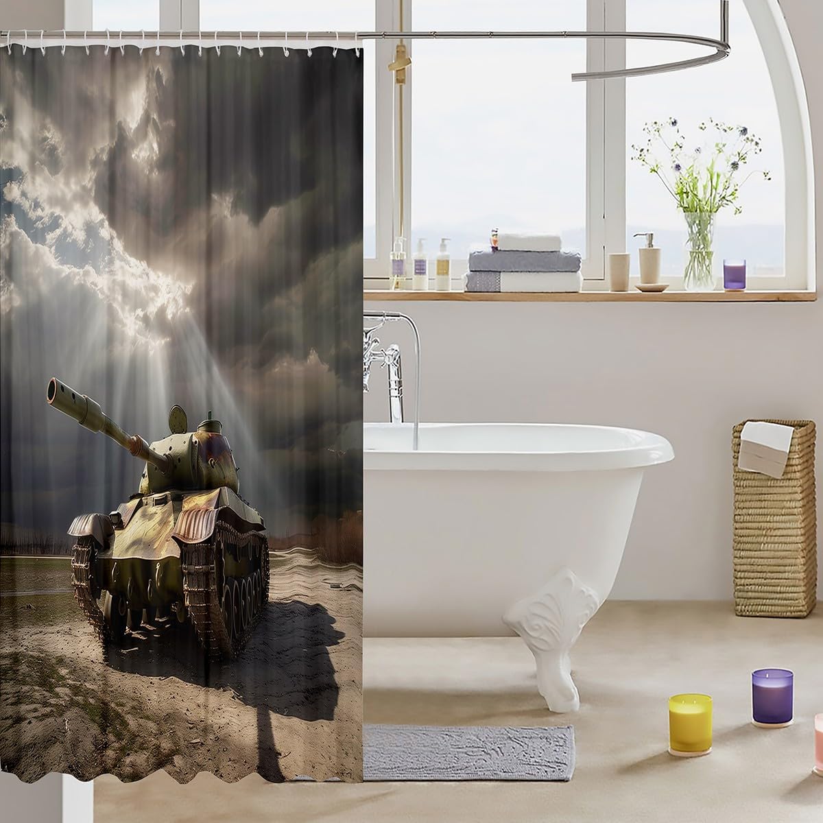 Erosebridal Old Soviet Tank Shower Curtain Vintage Tank of World War II Running On The Grass Bathroom Shower Curtain Sets, Running Tank in Rays of Sun Fabric Shower Curtain 72" Wx78 L