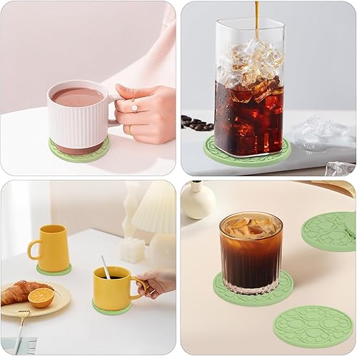 Miniatura 5 de Paquete de 6 posavasos de silicona verde con soporte, posavasos decorativos antideslizantes de 4 pulgadas para mesa, escritorio apto para
