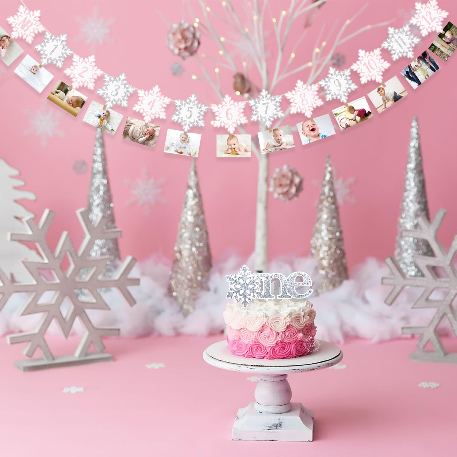 Snowflake First Birthday Monthly Photo Banner – Winter Onederland 12-Month Milestone Garland, Pink Blue Purple Decor