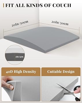 Sofa Cushion Support, Couch Cushion Support for Sagging Couch Seat, Couch Replacement Insert, 20x20x2, High Density Foam Furniture Seat Sagging Repair, Trapezoid 40D, Grey Set of 1