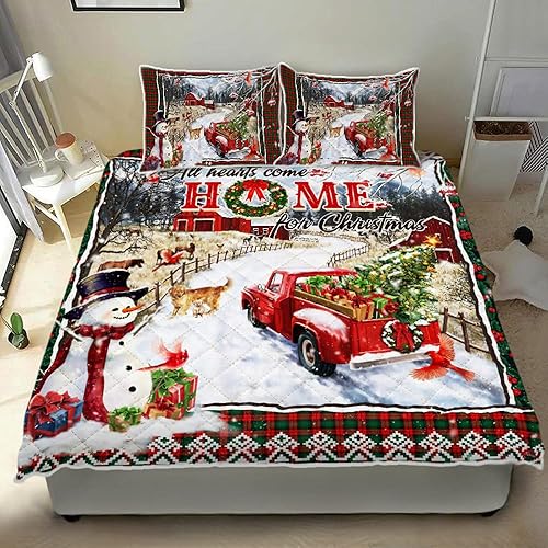 Miniatura 6 de Juego de edredón con funda de almohada, juego de ropa de cama de Navidad con diseño de camión rojo, todos los corazones vienen a casa por Navidad,