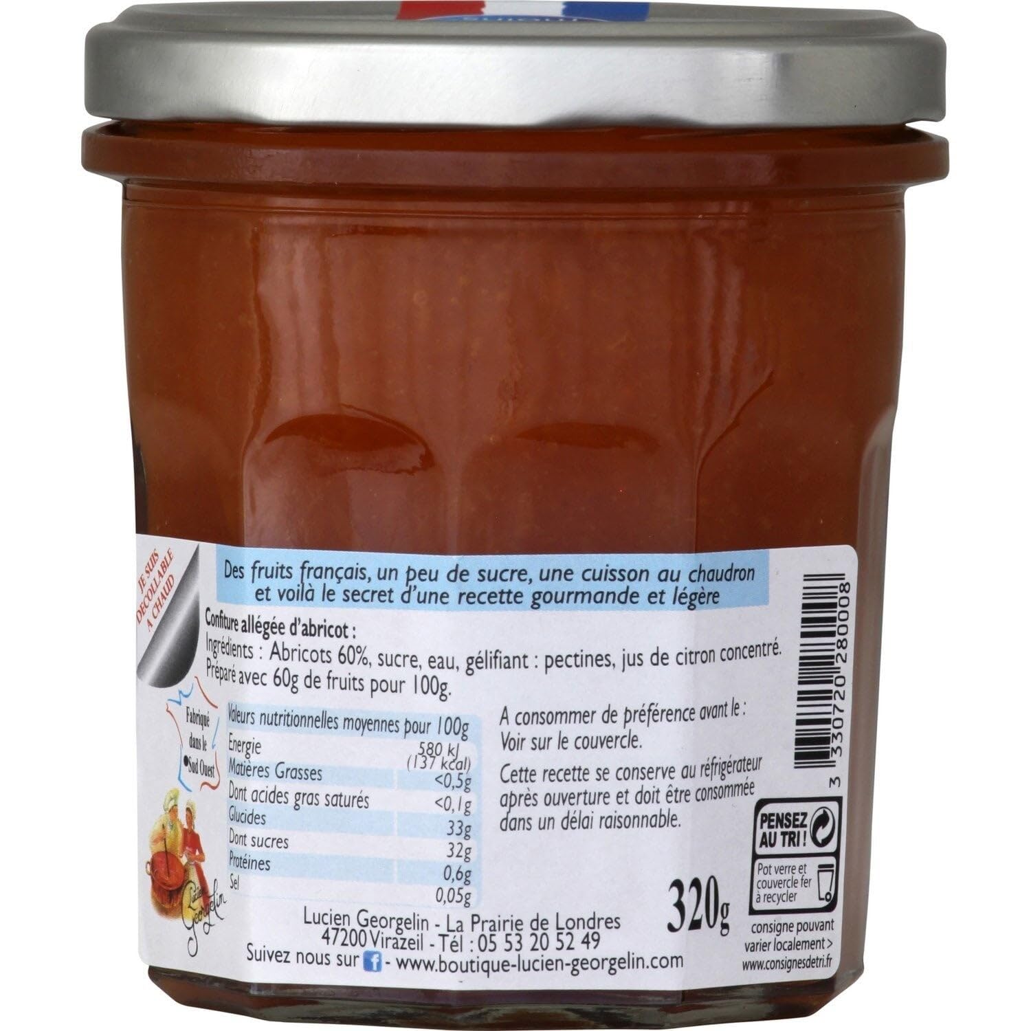 30% de sucre en moins pour un petit déjeuner gourmand et malin — LUCIEN GEORGELIN Confiture allégée d'abricot, pot verre de 320g - Lot de 3