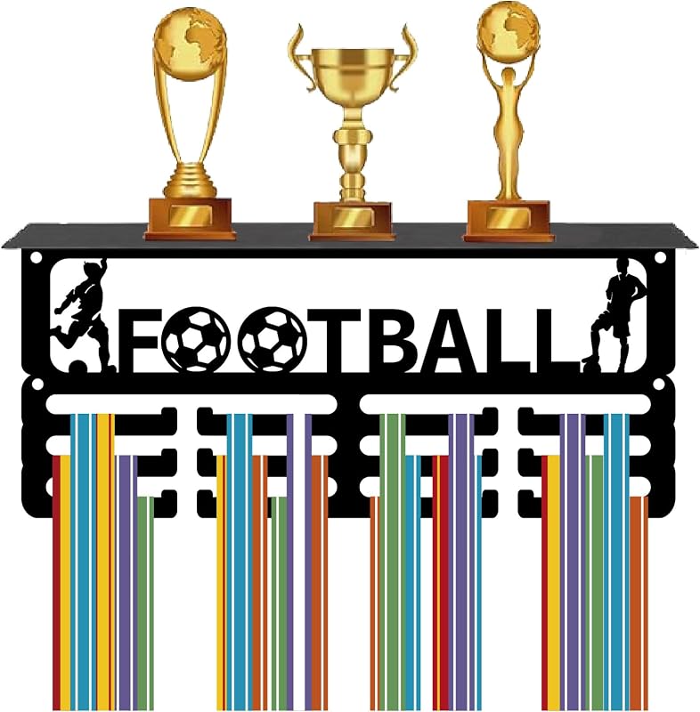 CREATCABIN Soporte para Medallas de Fútbol, Estante para Trofeos, Colgador de Medallas con 12 Gancho, Soporte para Estante Deportivo de 4 s, Soporte para Pared para 70 o Más Medallas para Hombres