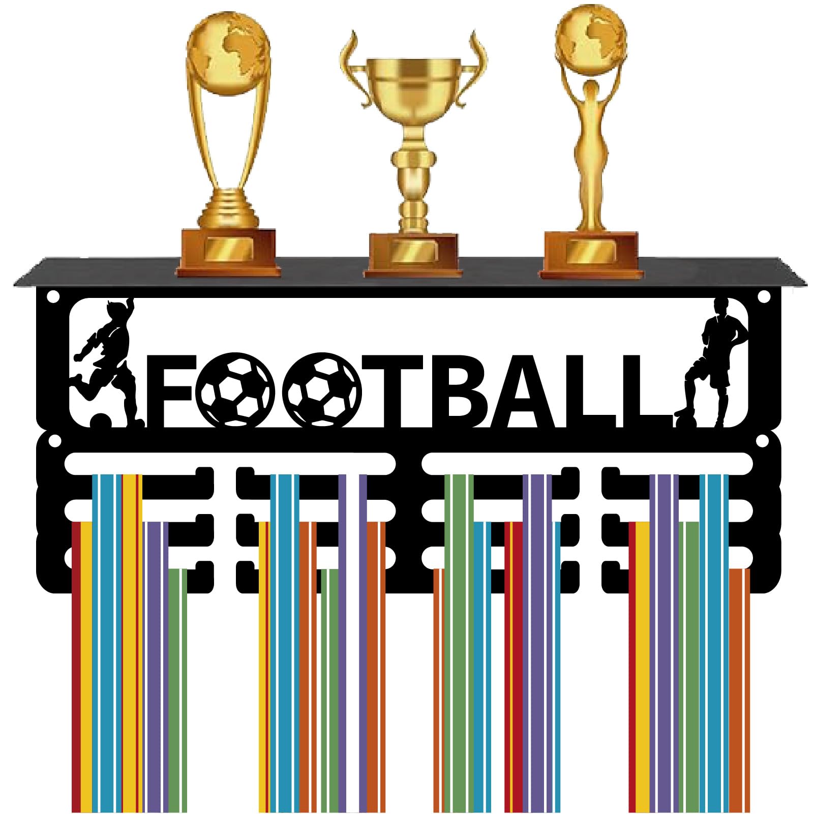 CREATCABIN Soporte para Medallas de Fútbol, Estante para Trofeos, Colgador de Medallas con 12 Gancho, Soporte para Estante Deportivo de 4 s, Soporte para Pared para 70 o Más Medallas para Hombres