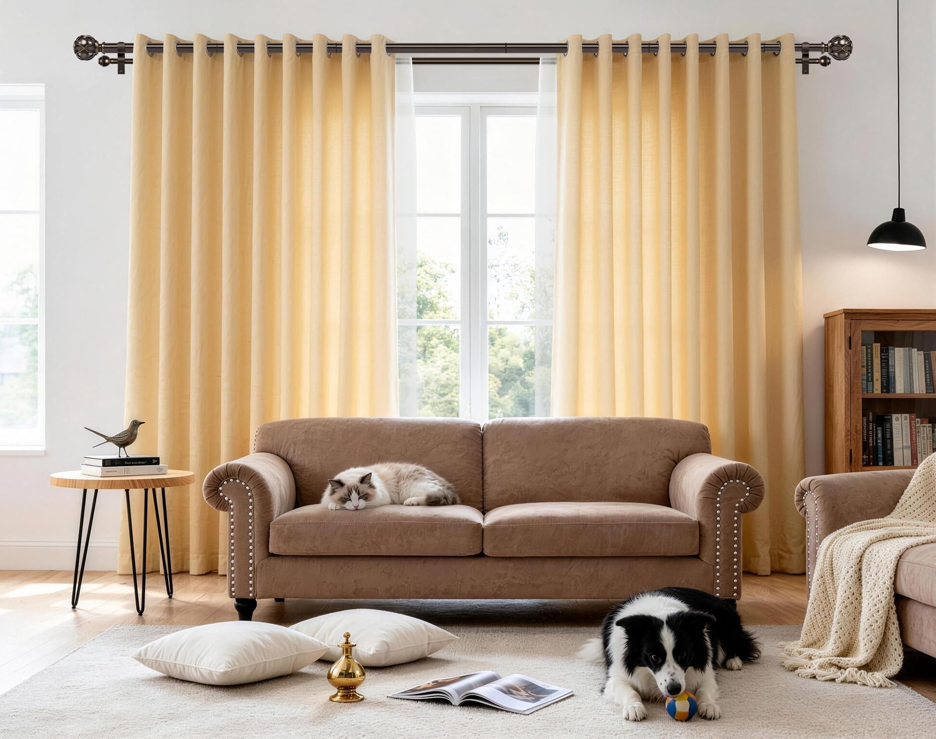 KAMANINA Tringle à rideaux double de 2,5 cm de 183 à 366 cm (1,8 à 3,7 m) – Tringle à rideaux télescopique robuste pour fenêtres de 66 à 120 cm, embouts à texture filet, bronze antique, moins de