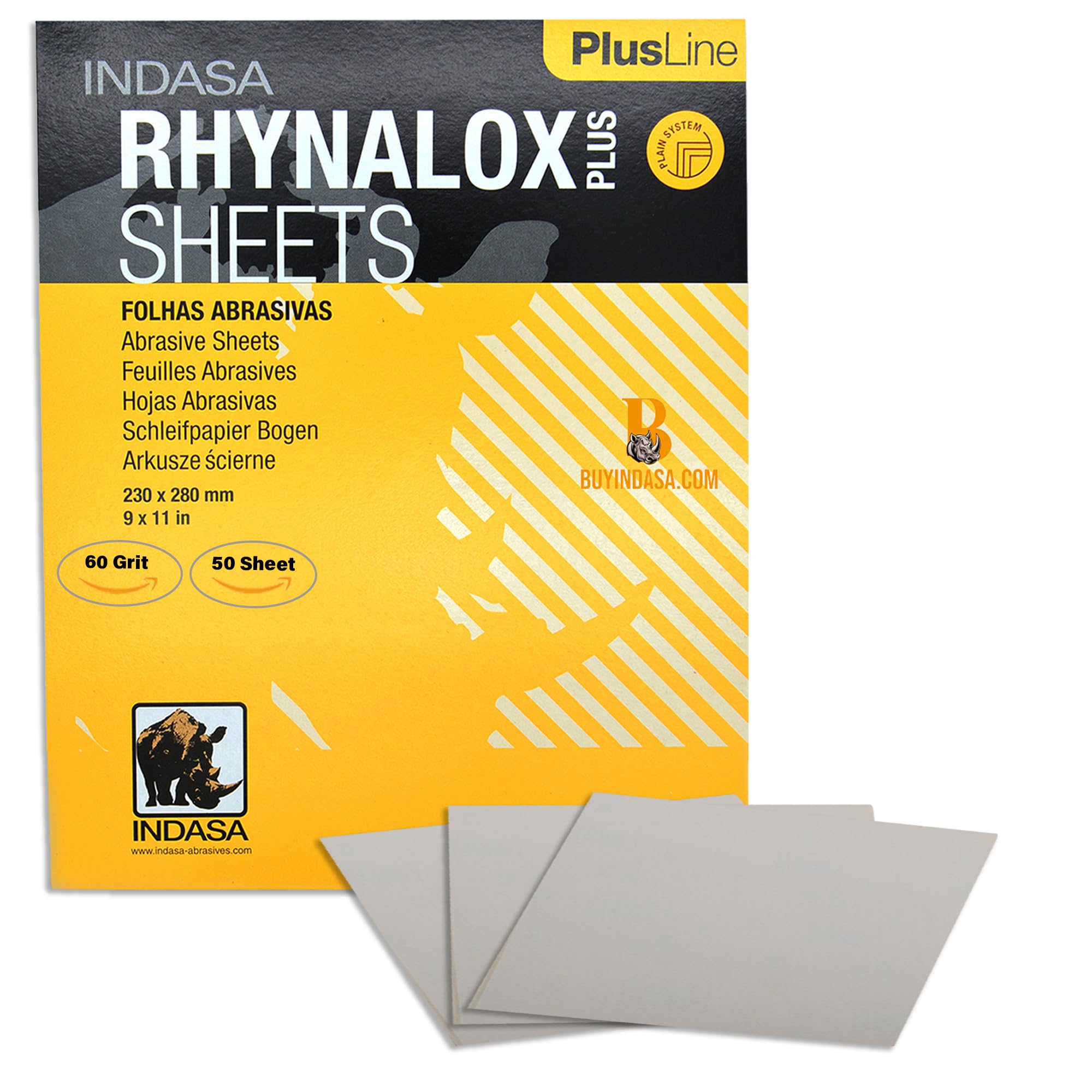 Indasa 50 PCS 9x11 Sandpaper Rhynalox Plusline - 60 Grit Dry Sanding Sheets, Professional-Grade Abrasive for Wood, Metal, Automotive, and Paint