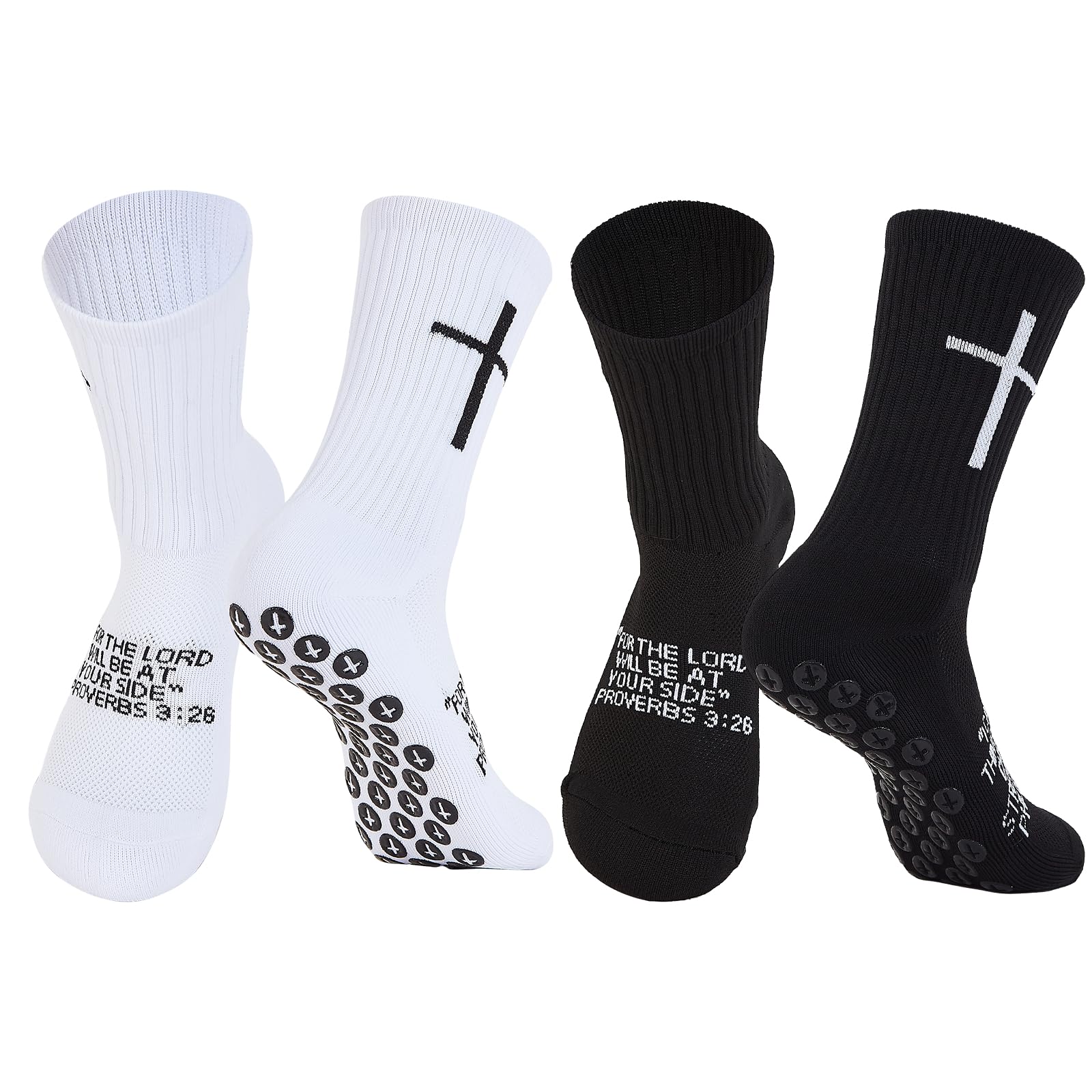 2 Pairs Cross Grip Soccer Socks Non-Slip Sports Sock with Bible Verse, Jesus Christian Socks for Football, US 6-13