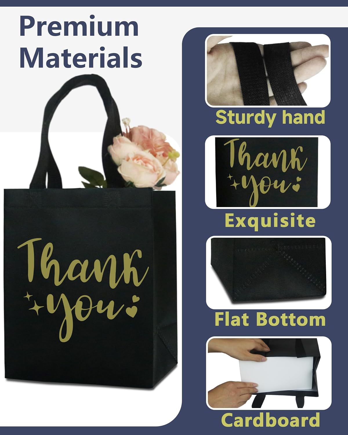 12 Black Thank You Gift Bags - Sturdy, Reusable, Medium 8x5x10 with Handles, Non-Woven for Weddings, Teachers, Father's Day, Parties, Birthdays & Graduations - Image 3