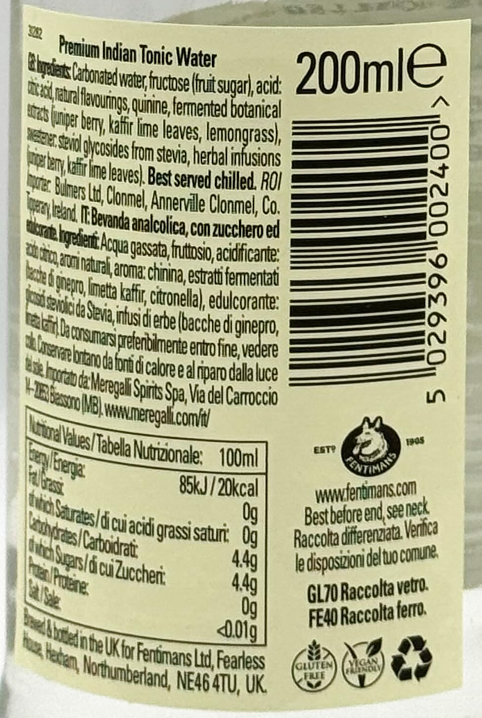Fentimans Premium Indian Tonic Water, 200 ml, 24 Pezzi
