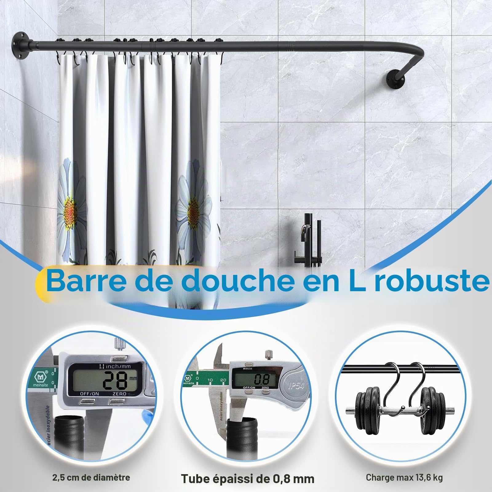 L Forme Tringle à Rideau de Douche, Extensible Angle Barre De Douche Inox, 60-138 cm Réglable Barre Rideau Douche pour Salle de Bain Baignoire,Magasin de Vêtements, Espace Privé,Installé Par Perçage
