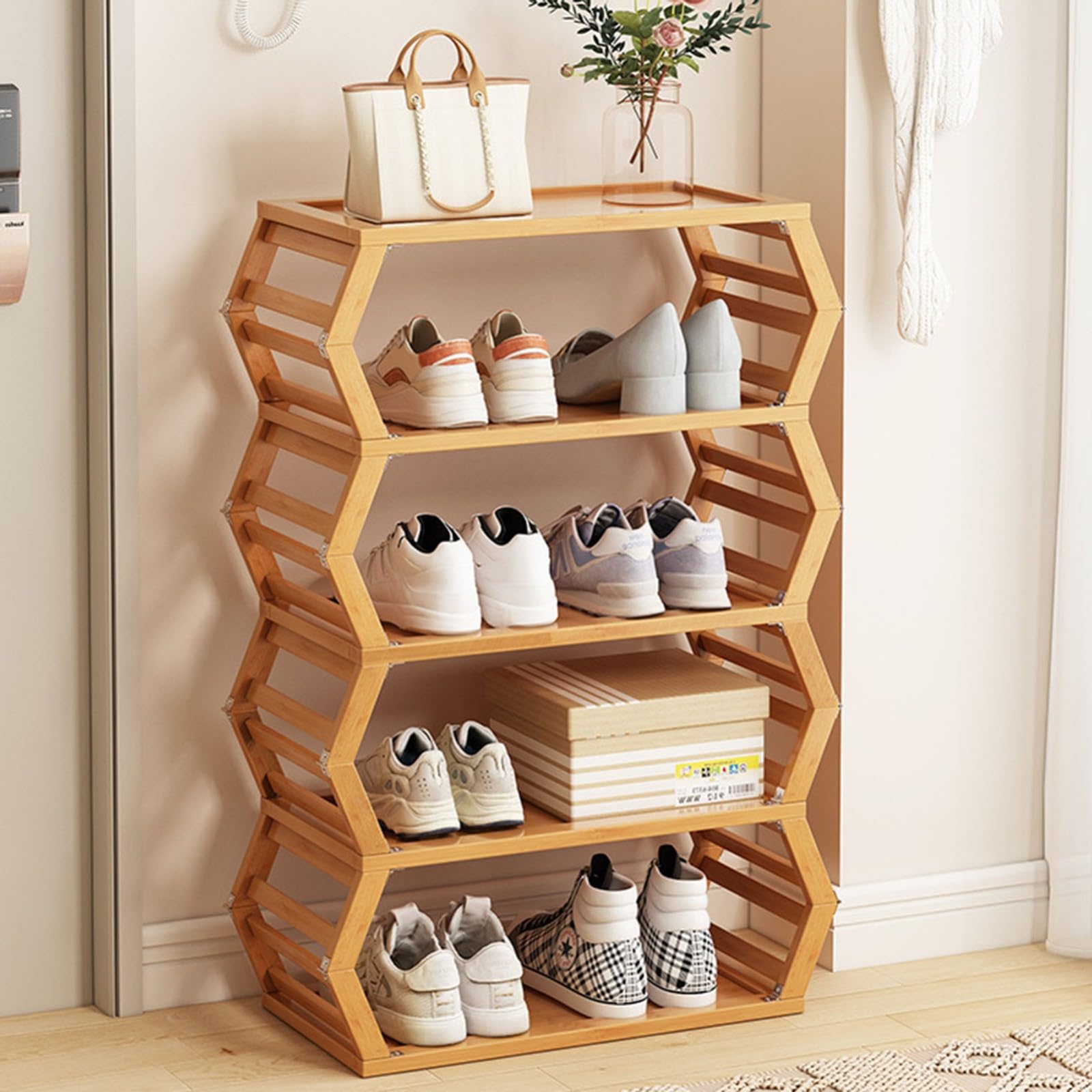 Stojak na buty z naturalnego bambusa o dużej pojemności, łatwy montaż, solidna konstrukcja, oszczędność miejsca, półka do sypialni, łazienki, przedpokoju, małych przestrzeni, 49 x 22,5 x 44 cm