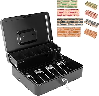 Cash Box with Key Lock and Money Tray - Metal Money Box for Cash Register, Large Cash Lock Box for Money Safe with 100PCS Coin Wrappers Assorted