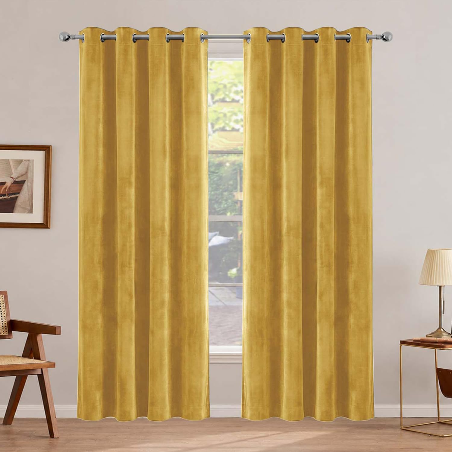 Hafaa Velvet Curtains for Bedroom 46X90 Ochre Blackout Curtains 2 Panels