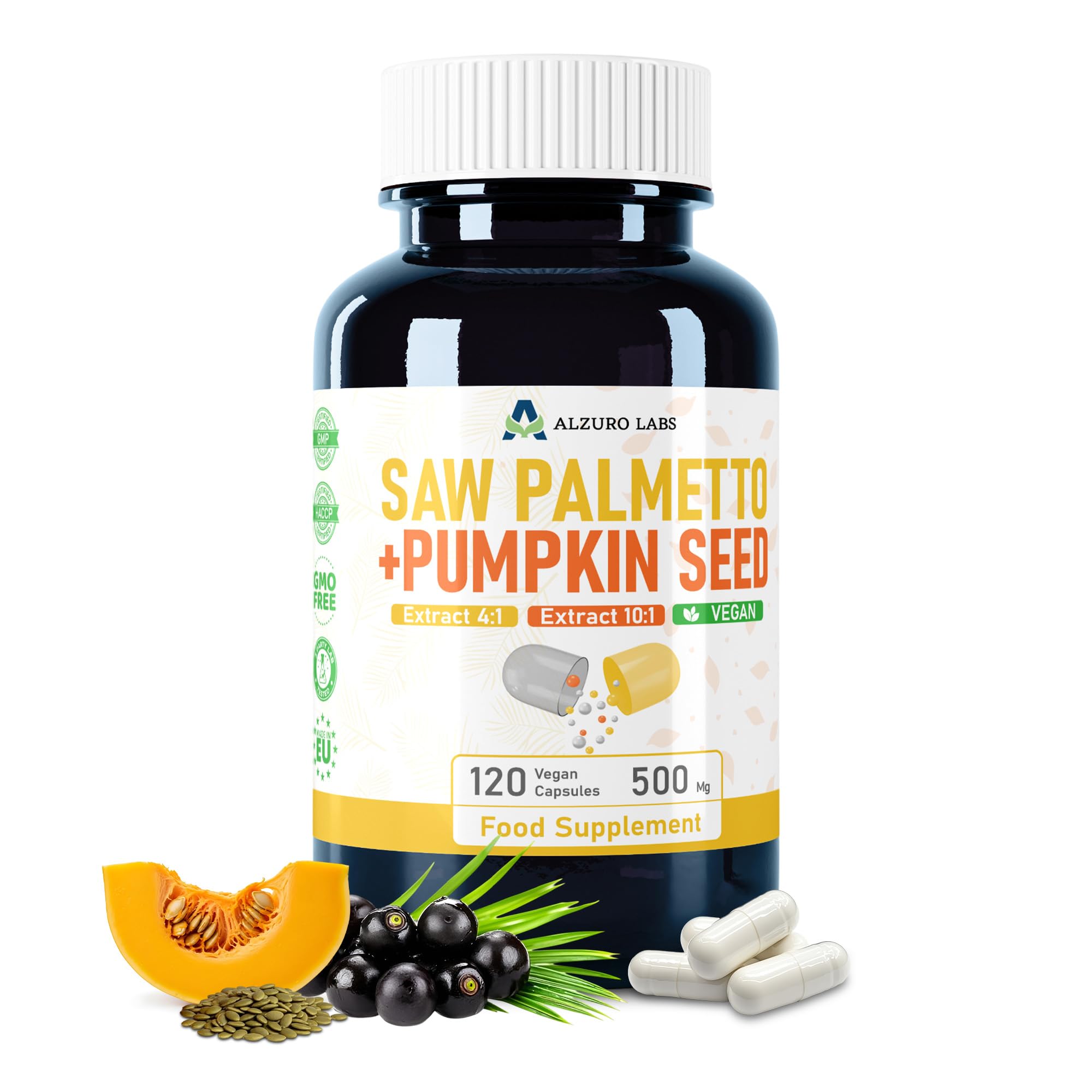 Saw Palmetto e semi di Zucca | 500mg estratto (4:1 & 10:1) | 120 veg capsule | 4 Mesi | Cucurbita pepo | GMP & Testato da Laboratorio Indipendente
