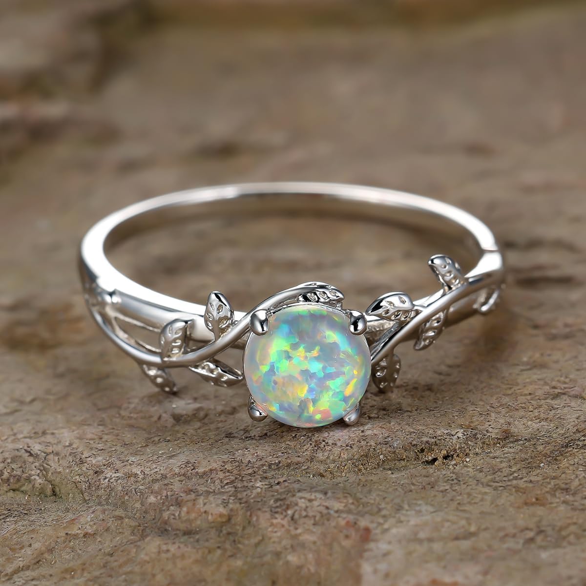 Natural Moss Agate Ring 925 Sterling Silver Leaf Ring Engagement Promise Rings for Women Jewelry Gift (6, Silver-Opal) - Image 3