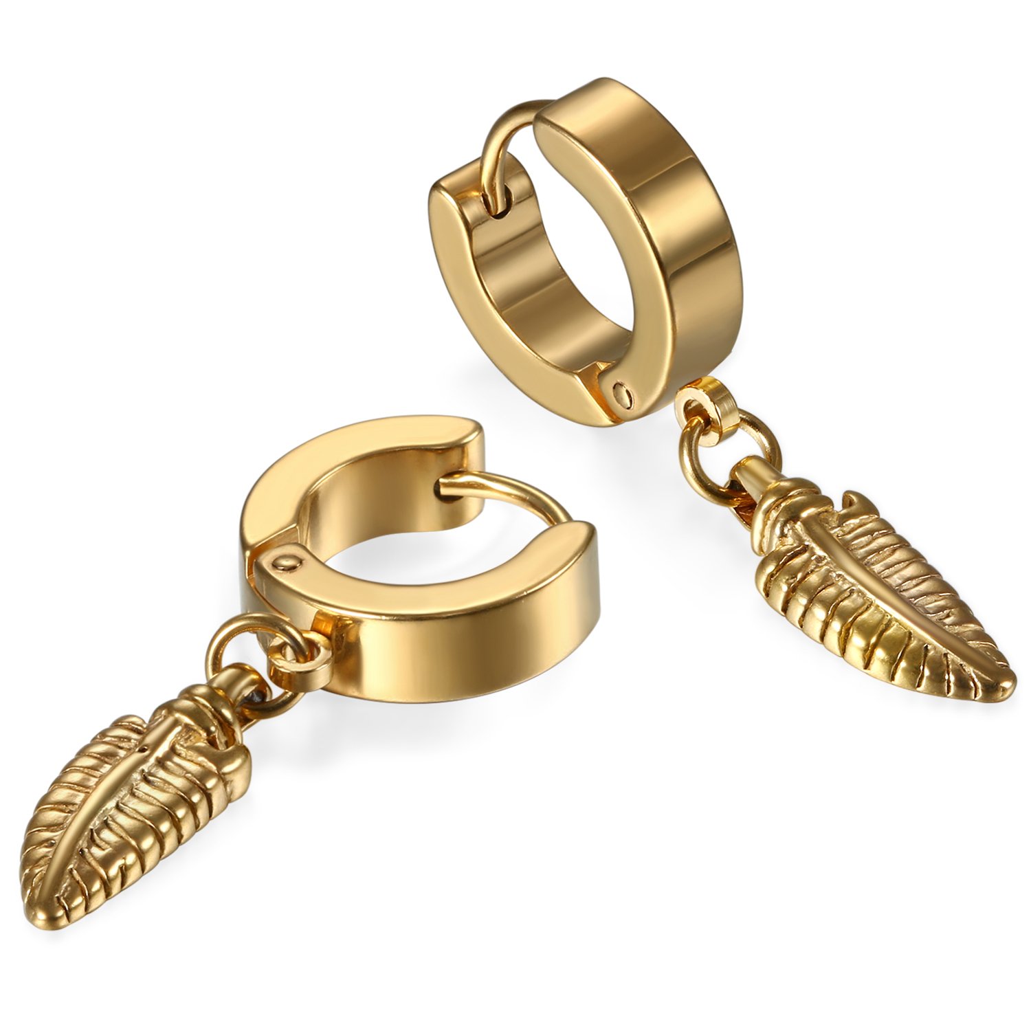 JewelryWe Par de pendientes de aro de acero inoxidable para hombre y mujer,Pendientes de aro clásicos con diseño de plumas colgantes