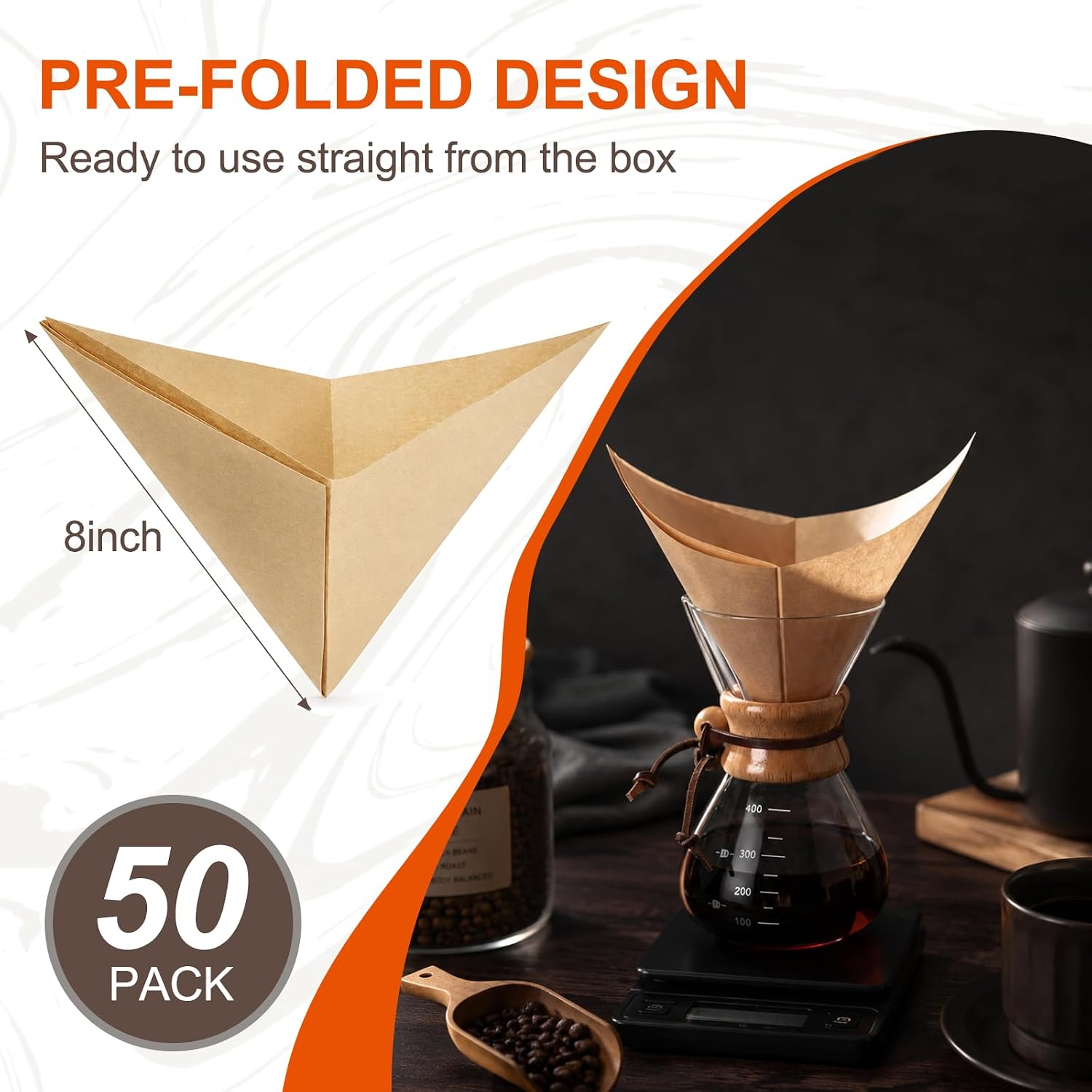 Pre-folded Unbleached Coffee Filters Compatible with Chemex Coffee Maker
