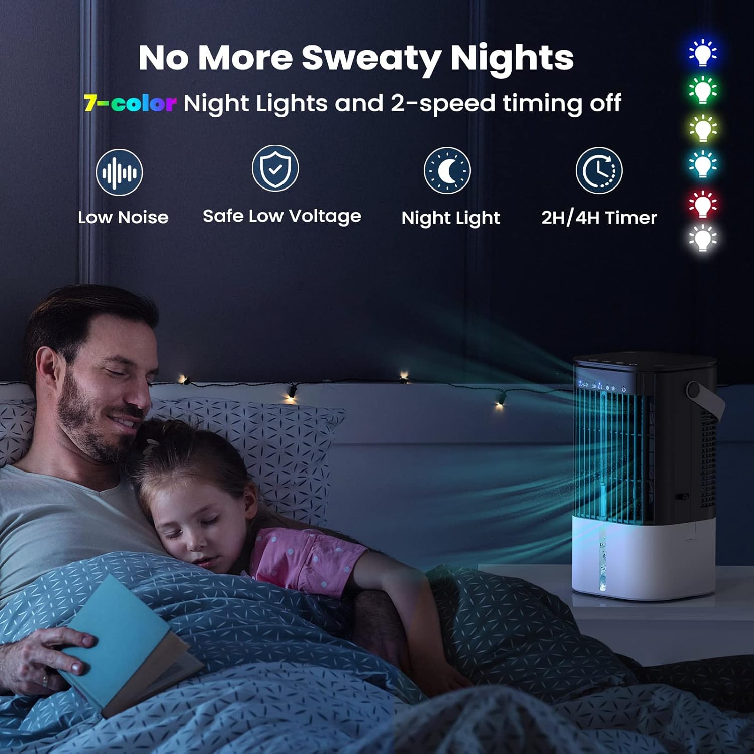 A couple sleeping peacefully with the Kalence Portable Air Cooler Fan providing cool air and a soft 7-color LED night light, indicating low noise and timer functions.