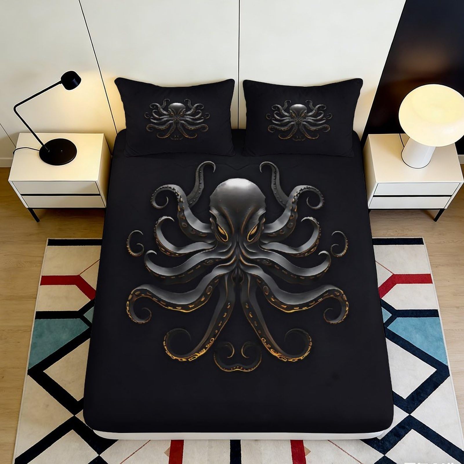3D Printed Black Octopus Fitted Sheet Microfiber Soft Breathable Sea Creature Bed Cover for Bedroom Dorm Decor 90x200x25cm