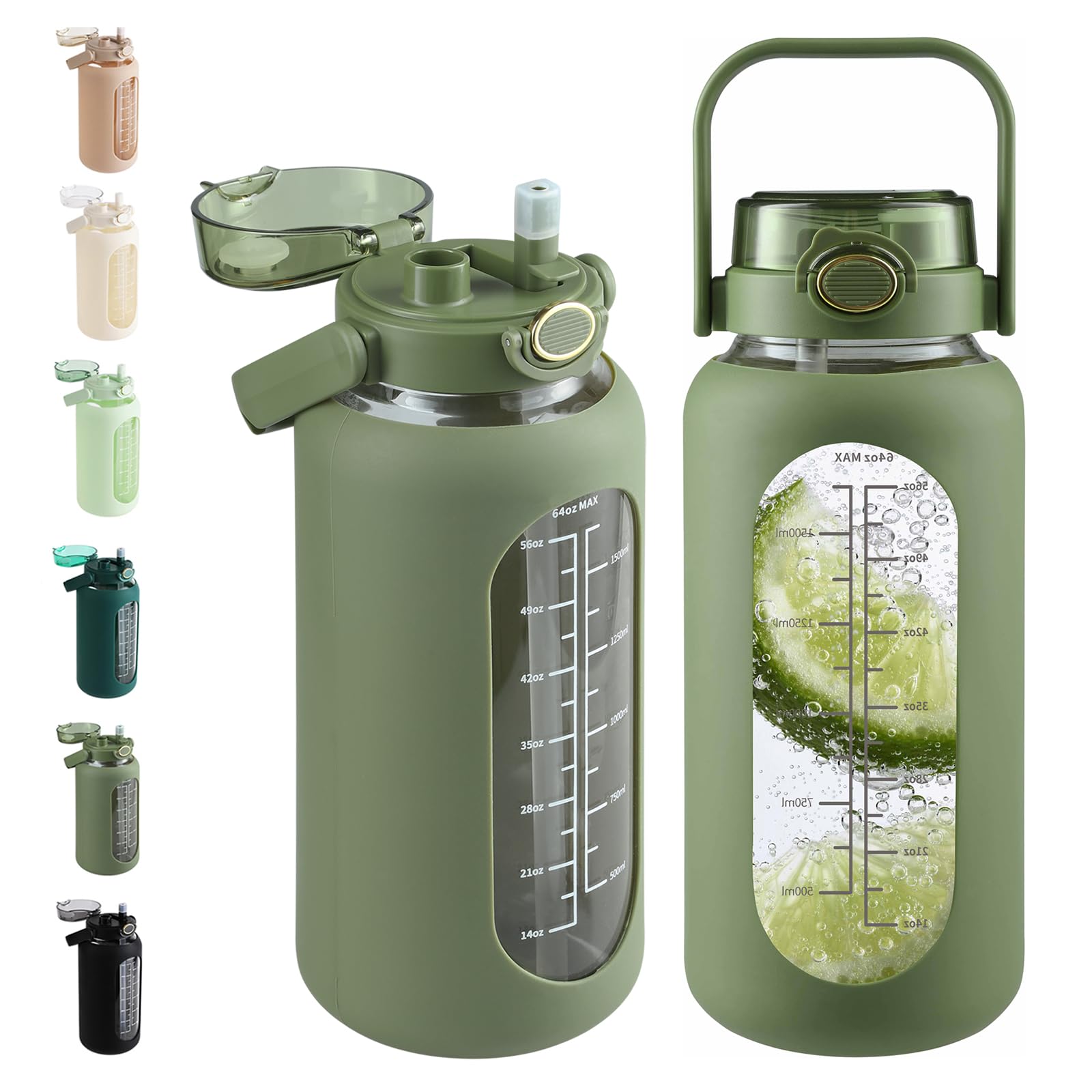 Botella de agua de vidrio de 64 onzas con popote y tapa de asa, botella de vidrio motivacional de medio galón con funda de silicona y marcador de tiempo, jarra de agua deportiva grande