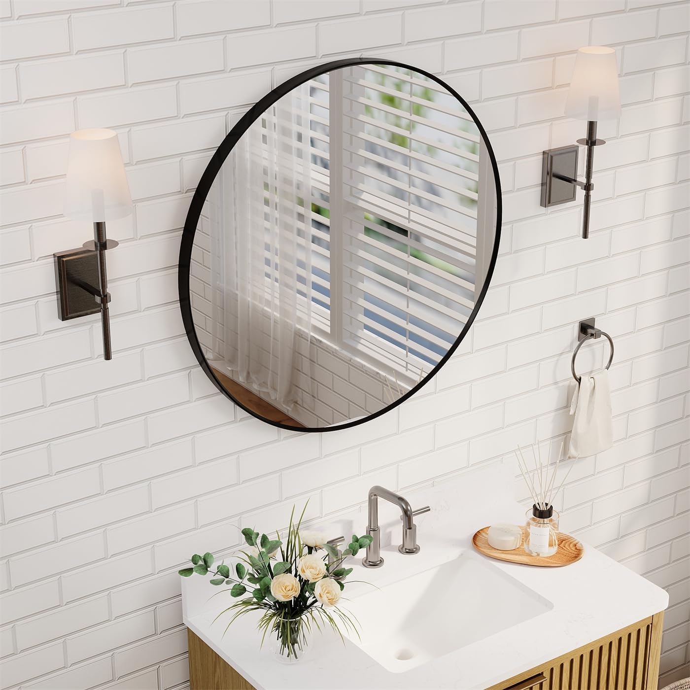 WELLFOR 32 Inch Wall Mounted Bathroom Vanity Mirror, Aluminum Framed Round Wall Mirror, Modern Rounded Mirror for Bathroom Vanity, Matte Black