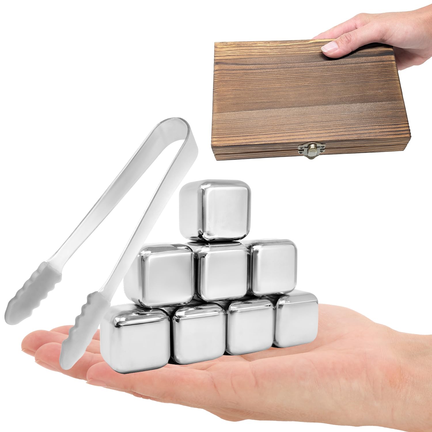 COM-FOUR® Juego de Regalo de Piedras para Whisky - 8X Cubitos de Hielo de Acero Inoxidable (2,7 cm) con Pinzas y Bolsa de Acero Inoxidable (08 Piezas con Caja de Regalo)