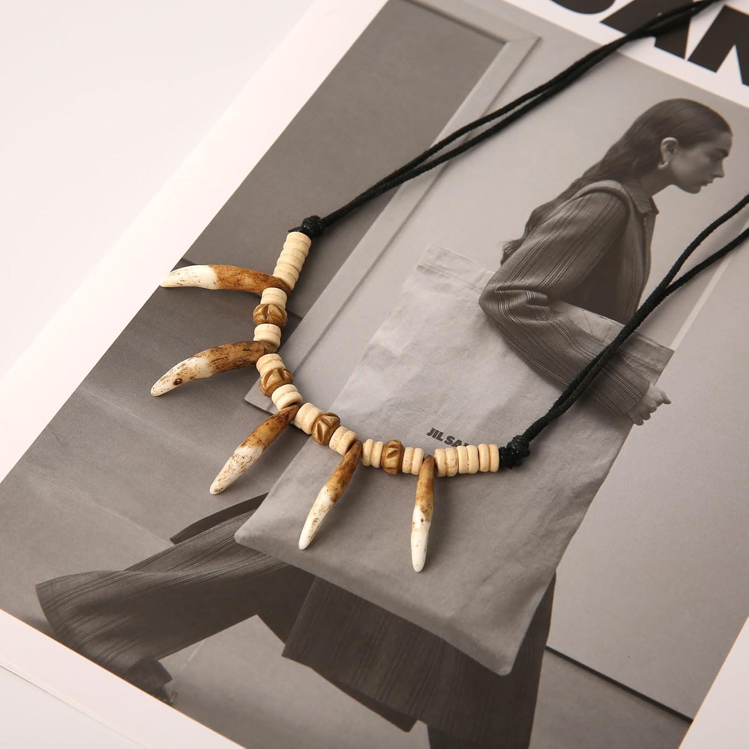 Ethnic Style Tribal Jungle Caveman Characteristic Teeth Bone Matching Resin Necklace, Hand Woven, Adjustable Rope, Men's and Women's Accessory - Image 6