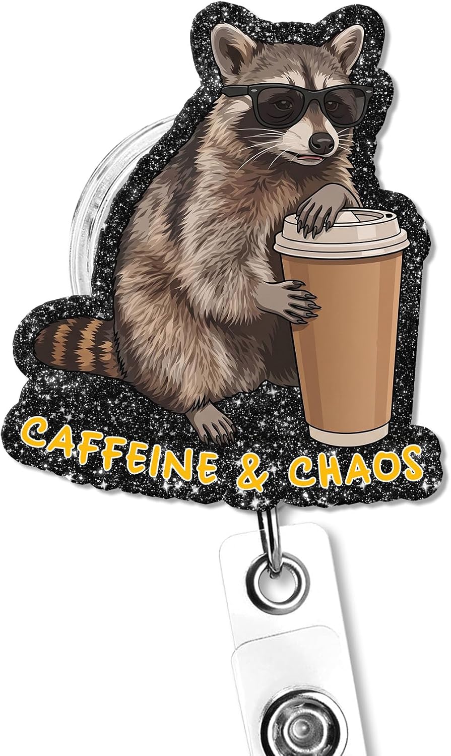 Funny Raccoon Badge Reel - Caffeine & Chaos Retractable ID Card Holder with Alligator Clip - Cute Trash Panda Nurse Badge Reel, Sarcastic Coffee Lover Gift, Medical Professional Work Humor Accessory