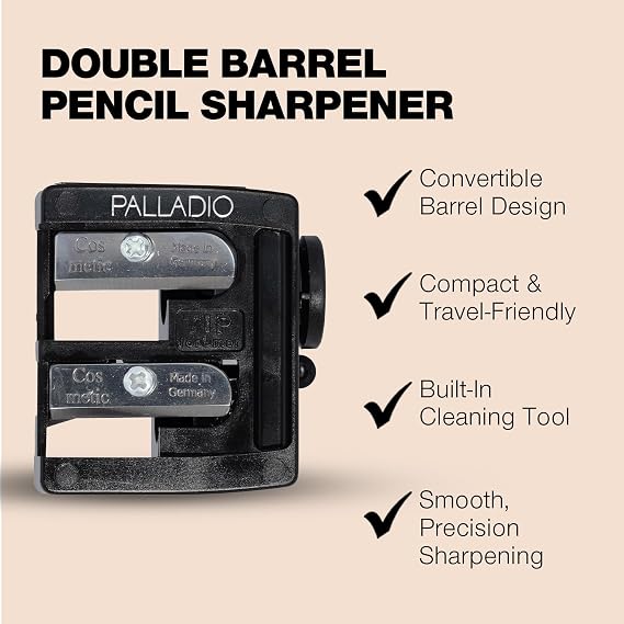 Palladio Double Barrel 3 in 1 Cosmetic Pencil Sharpener, Stainless Steel