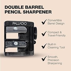 Palladio Double Barrel 3 in 1 Cosmetic Pencil Sharpener with Cover, Stainless Steel Blade, Size Adjuster, Essential for Small and Extra Large Lip Liner, Eyeliner, Brow Pencils
