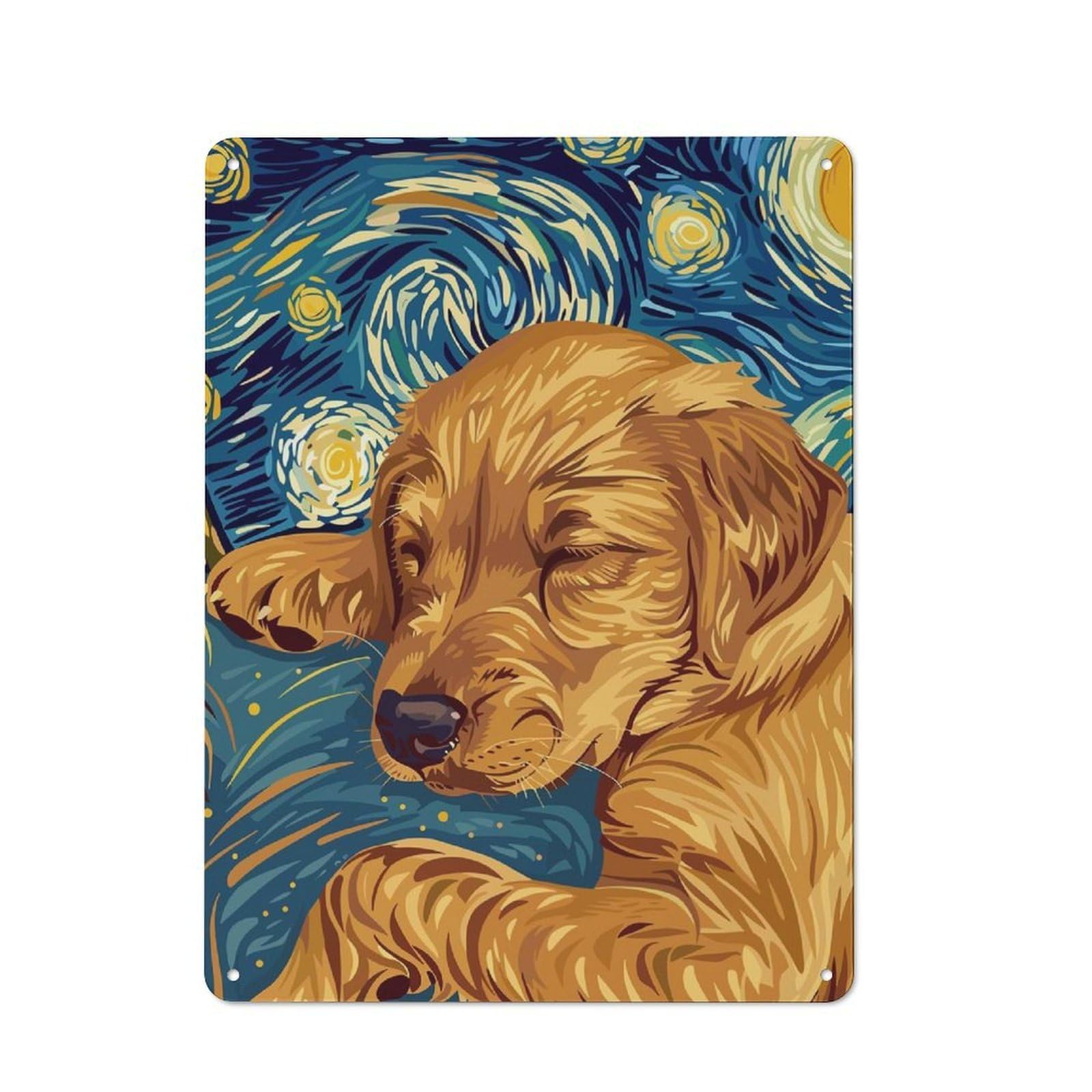 Nostalgic Dog Sleeping in Starry Night Style Metal Wall Plaque 40x30cm, Retro Room Decor for Kitchen, Hallway, Bar Or Small Cafe