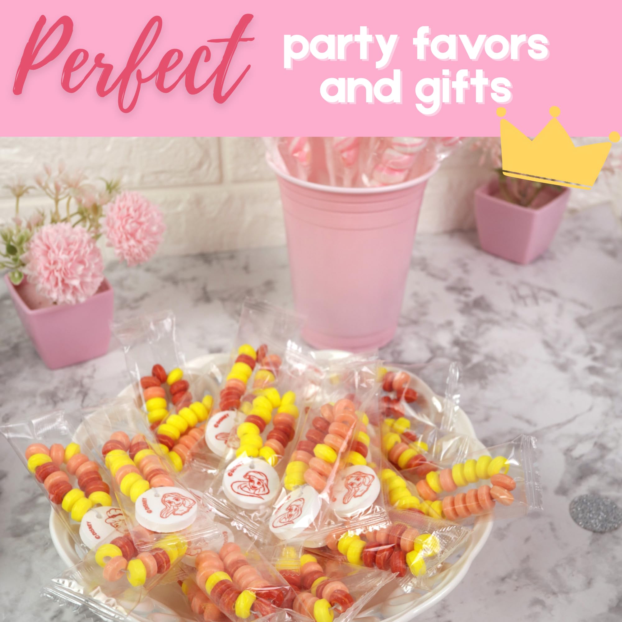 Disney Princess Candy Bracelets, Edible Jewelry with Character Charms, Individually Wrapped Party Favors, 20 Pieces Inside