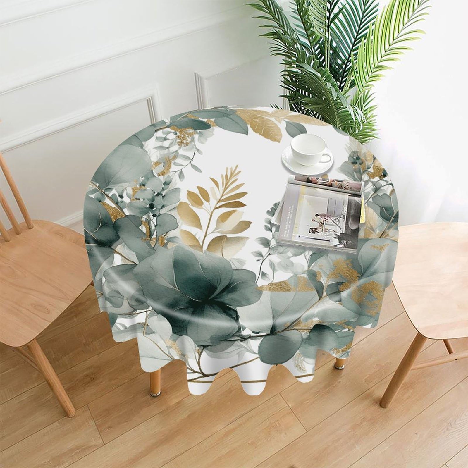 VstaDank Gold and Green Leaves Tablecloth Easy to Clean Polyester Round Table Cover Washable Round Table Cloth Wrinkle-Free Circle Decoration Tablecloth for Kitchen Dining Room 60"